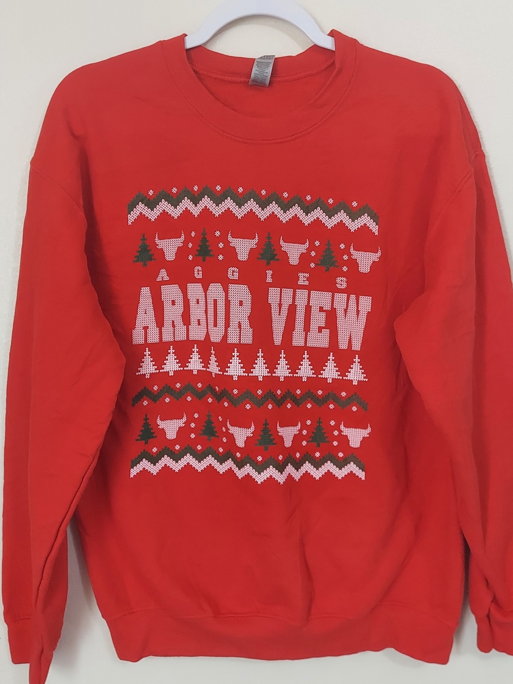 Gildan Red Crewneck Sweater with White and Green Holiday Graphics
